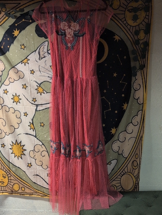Joyfolie Dresses & Skirts - Joyfolie Coral Red Embroidered Tulle Maxi Dress